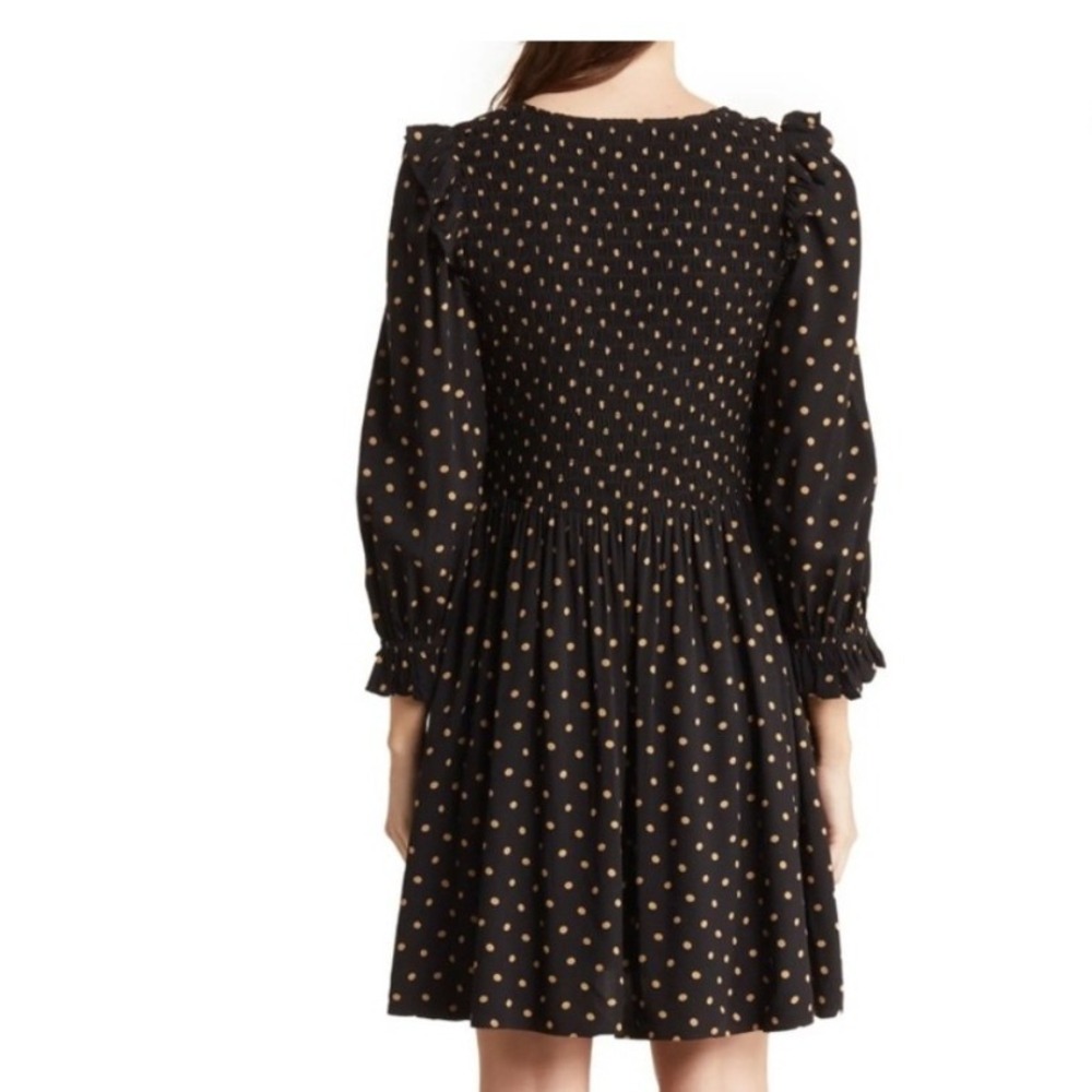 Madewell‎ Smocked Ruffle Shoulder Mini Dress Black Gold Polka Dot Viscose Small - Picture 2 of 11